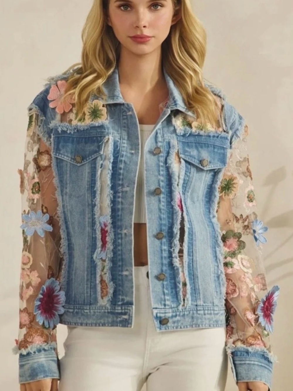Vervet Sheer Floral Embroidered Denim Jacket - Blue - Picture 2 of 6